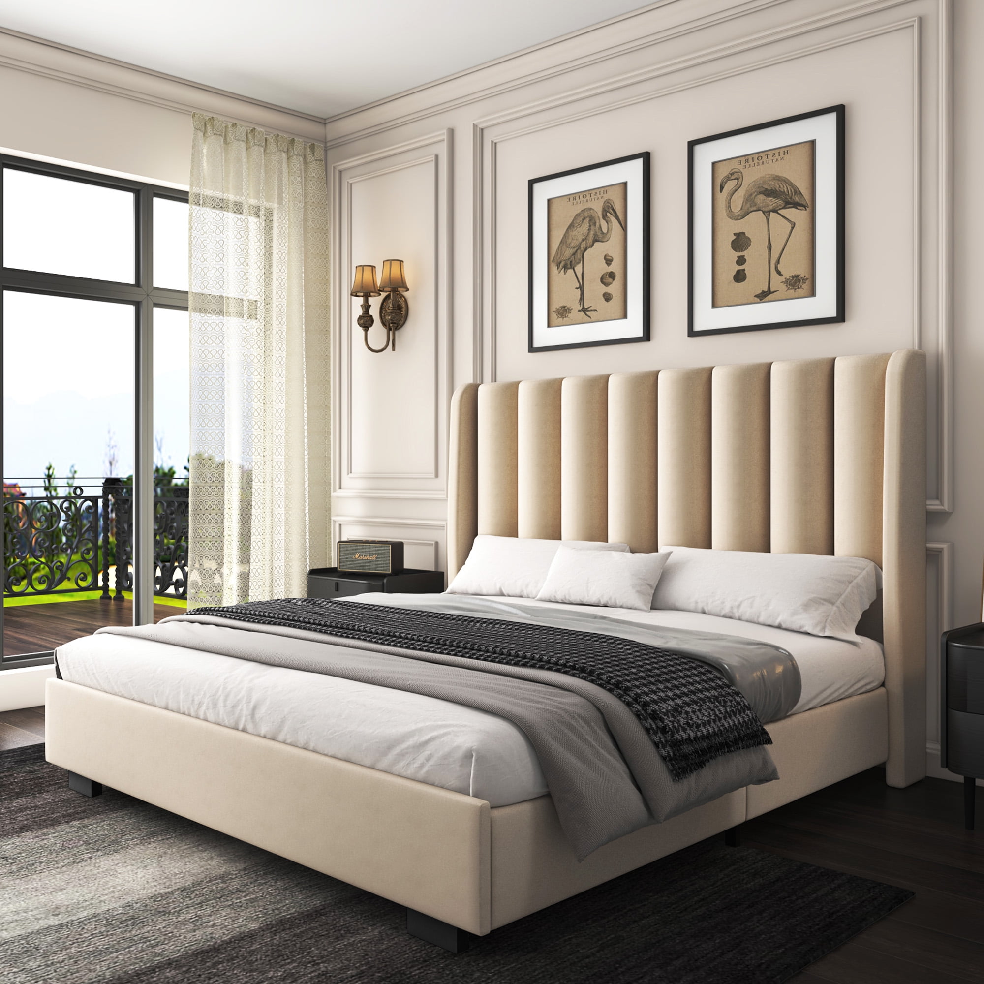 Queen Size Lift Up Storage Bed Frame with 51" Tall Headboard, Upholstered Velvet Wingback Tufted Platform Bed, No Box Spring Required, Noise-Free Queen Bed Frame with Hydraulic System (Queen,Beige)