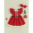 thumbnail image 2 of Liacowi Toddler Girls Christmas Dress Red Ruffle Sleeve Belt Front A-line Dress with Headband Baby Christmas Santa Cosplay Party Outfit 6M-4T, 2 of 8