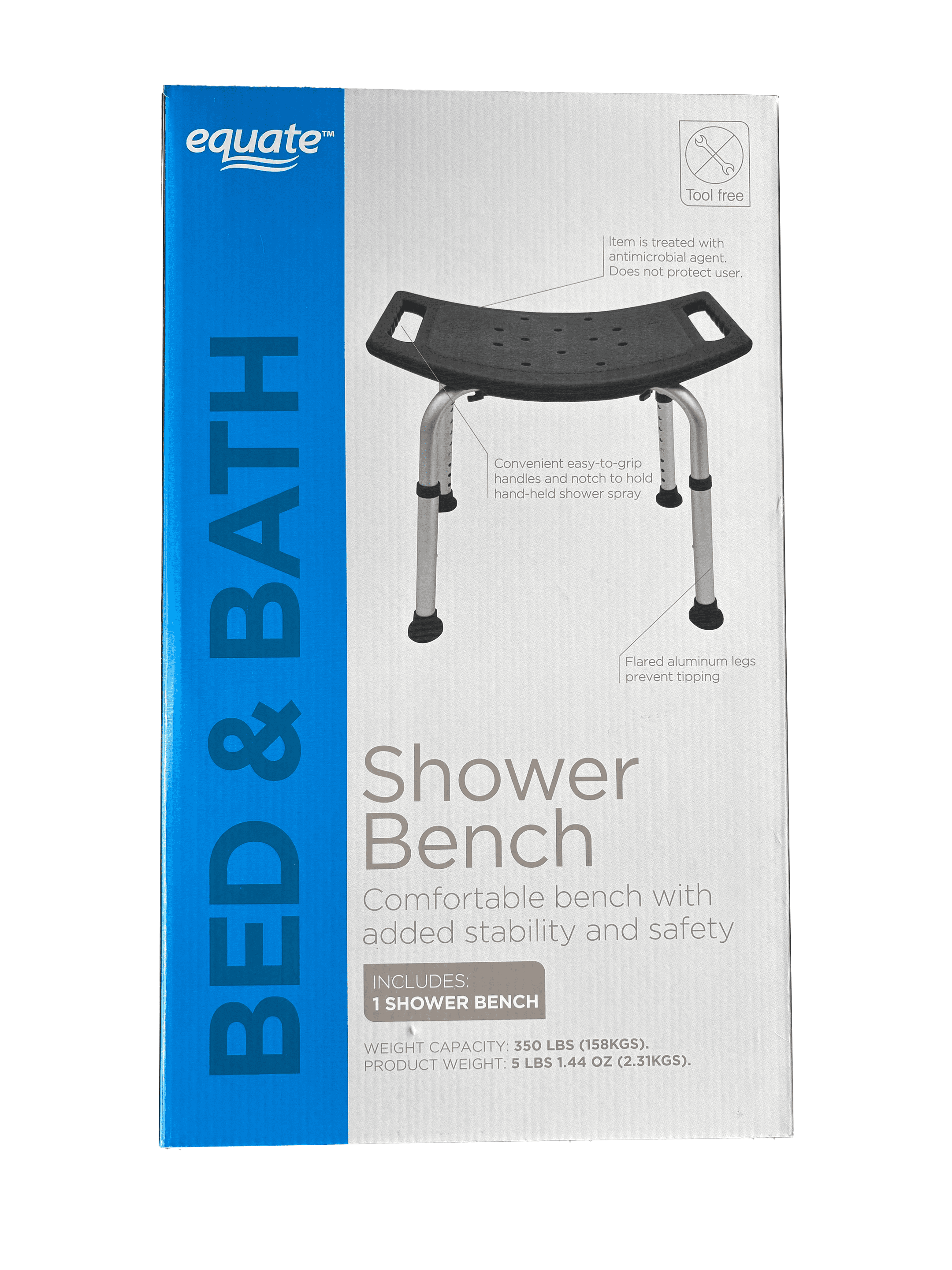 Equate Shower Bench and Bath Stool, 350lbs Capacity, Black