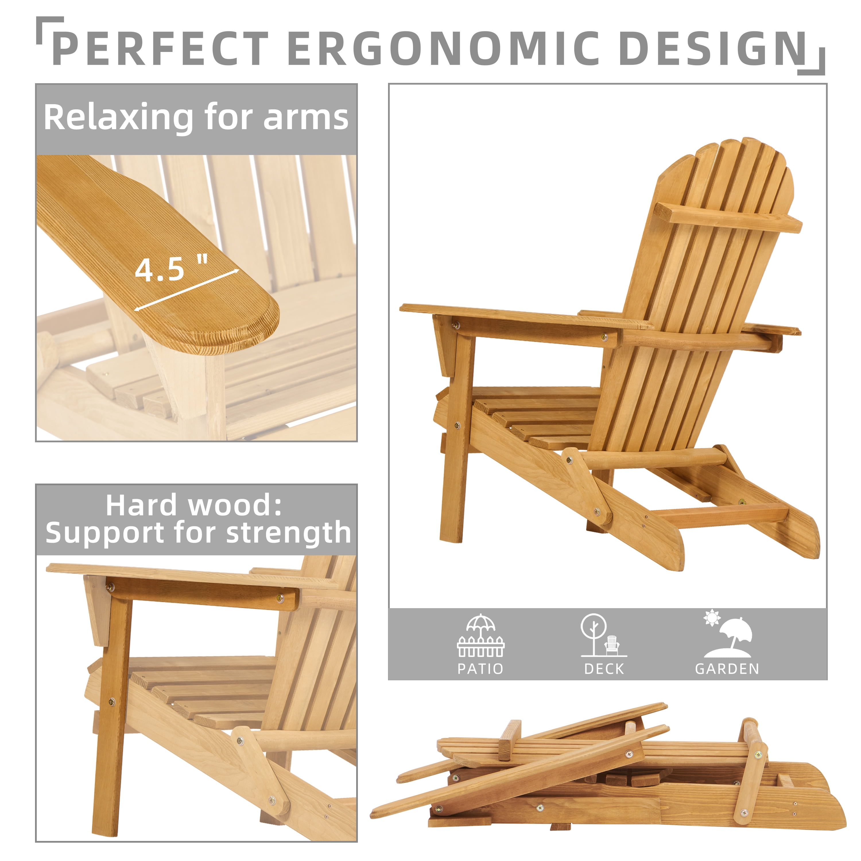 Outdoor Wooden Folding Adirondack Chair with Retractable Ottoman, Pre-Assembled BackRest & SeatBoard, Wood Patio Chair for Garden Backyard Porch Pool Deck Firepit