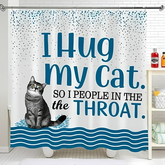 Funny Cat Shower Curtain - Grey Tabby on Teal Waves with Whimsical Text - Unique Bathroom Decor