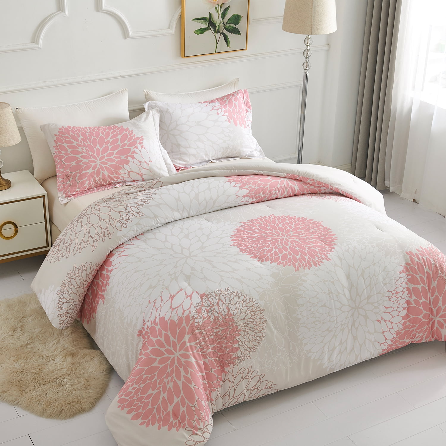Koniroom Pink Floral Comforter Set, Botanical Beige Bedding Sets King Size with Cute Pink Flowers Printing for Women Teen Girls All Season 3 Pieces Comforters with 2 Pillow Shams (104x90 Inches)