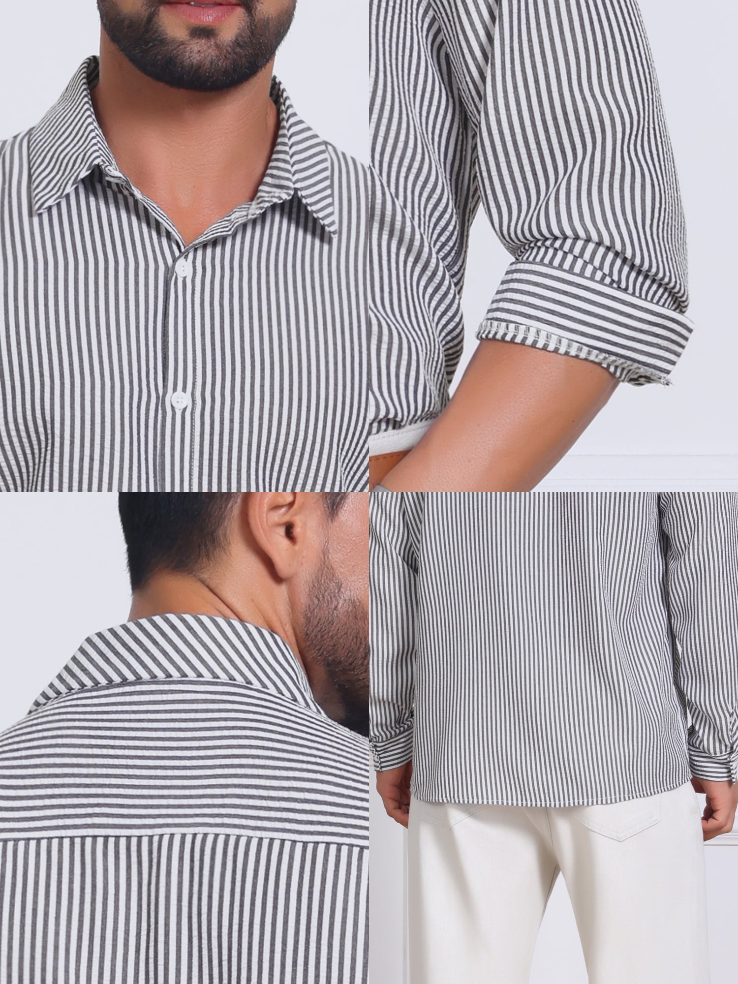 DARING DIVA Men's Seersucker Long Sleeve Button Down Textured Striped Shirts 2XL Black