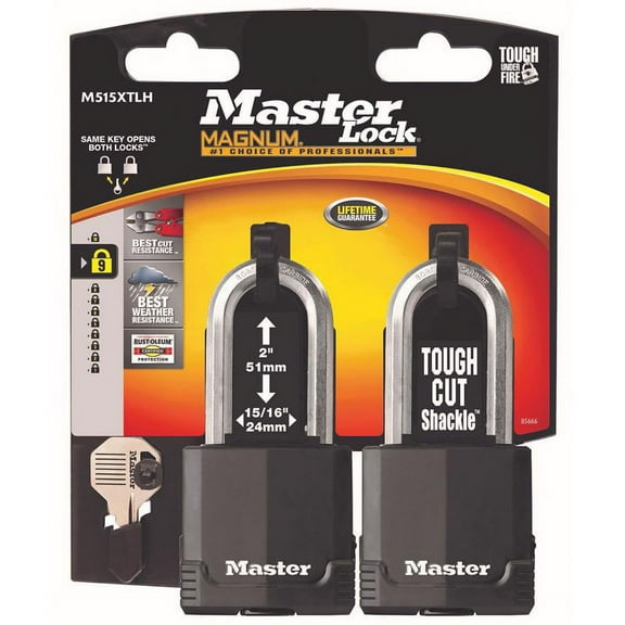 Master Lock Magnum M515XTLH, 2-1/8in (54mm) Width, 2 in Shackle Length, Laminated Steel, 2 Piece