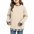 thumbnail image 2 of Girls Plaid Crewneck Sweatshirt Long Sleeve Two Piece Pullover Top Casual Warm Preppy Sweatshirt for Kids Fall Winter School Daily Play Wear(11-12 Years,Beige), 2 of 5