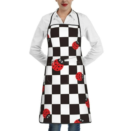 

Lukts Ladybugs Of Black And White Checkers Pattern Kitchen Apron Waterdrop Resistant Apron with adjustable Aprons for Women and Men with Pockets Cooking Apron