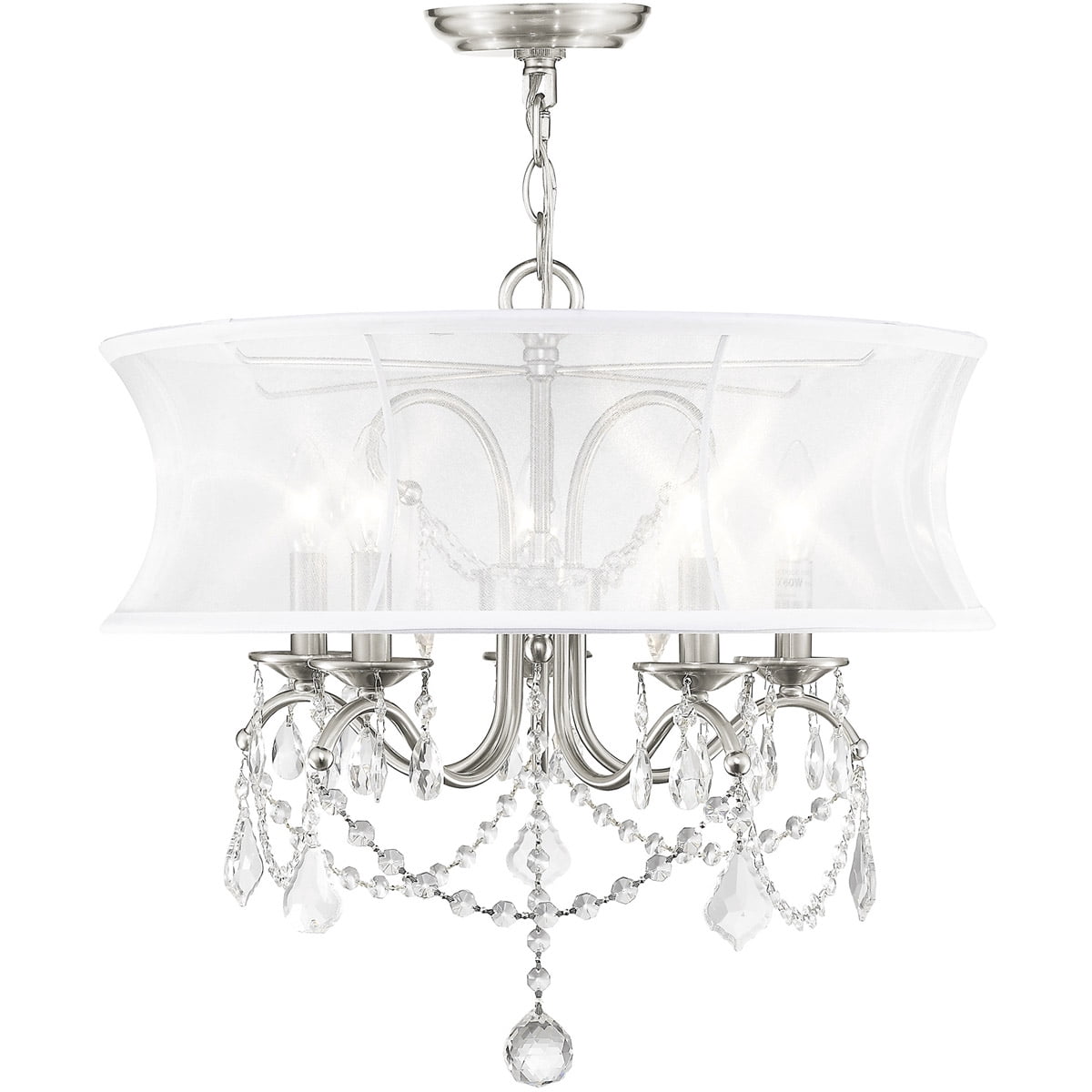 5 Light Brushed Nickel Chandelier with Off White Silk Shimmer Shade