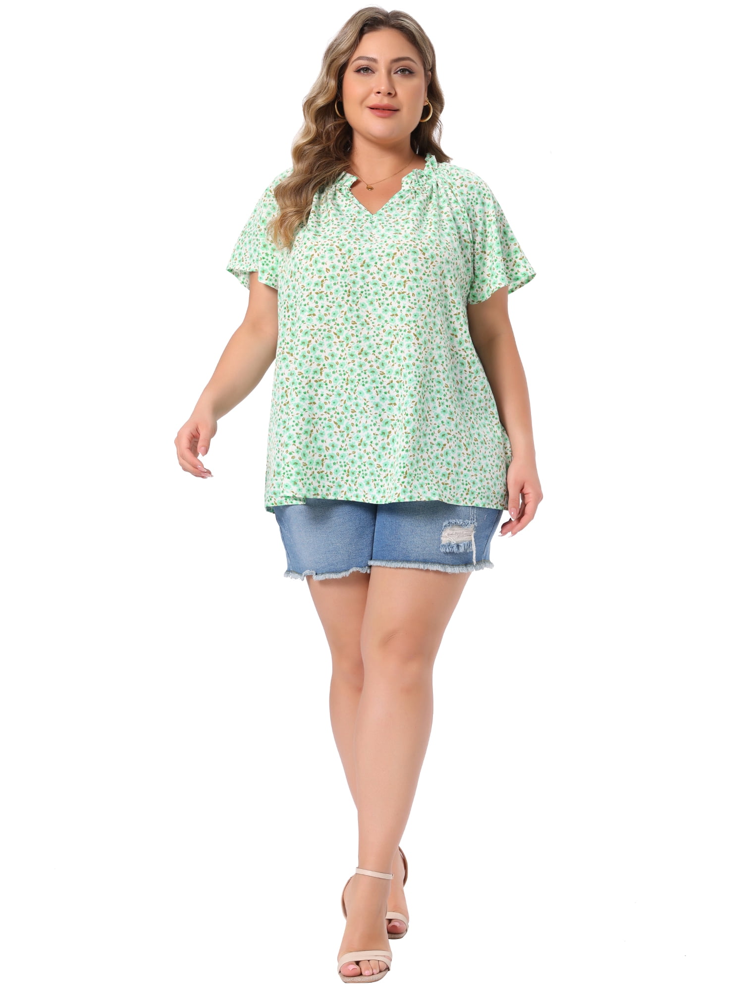 DARING DIVA Women's Plus Short Sleeve Ruffle Notch V Neck Blouse 3X Green