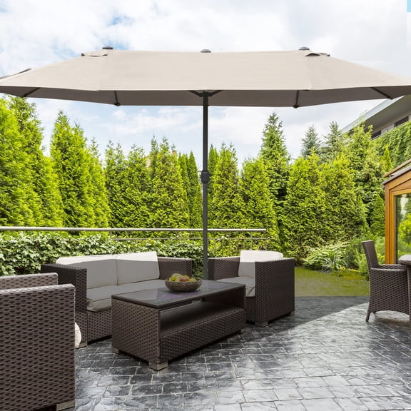 Patio Umbrellas Outsunny Patio Umbrella 15' Steel Rectangular Outdoor Double Sided Market with base, Sun Protection & Easy Crank for Deck Pool Patio, Coffee,Market Umbrellas