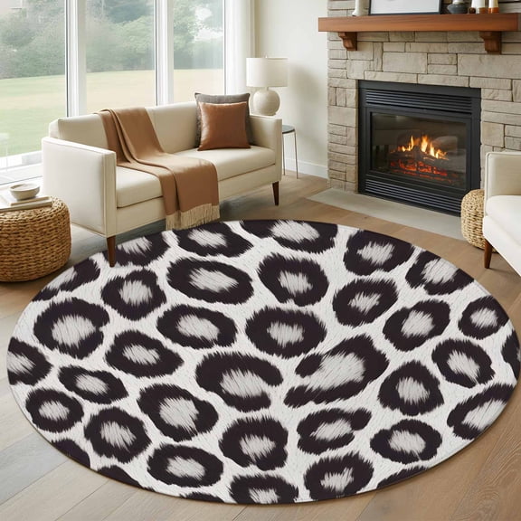 Round Area Rug 8 Ft, Leopard Printed Washable Non-Slip Circle Carpet for Living Room/Bedroom, Farmhouse Vintage Animals Black Grey Collection Low-Profile Large Area Rugs for Indoor