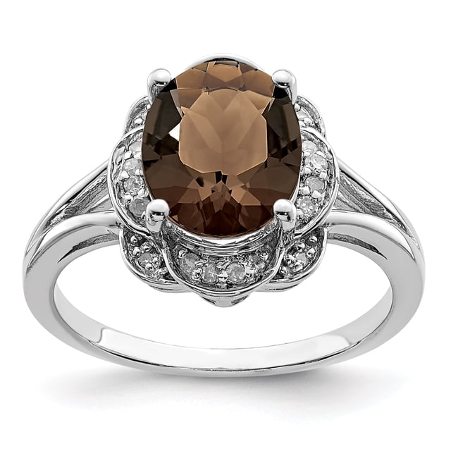 925 Sterling Silver Rhodium Diamond and Smoky Quartz Ring