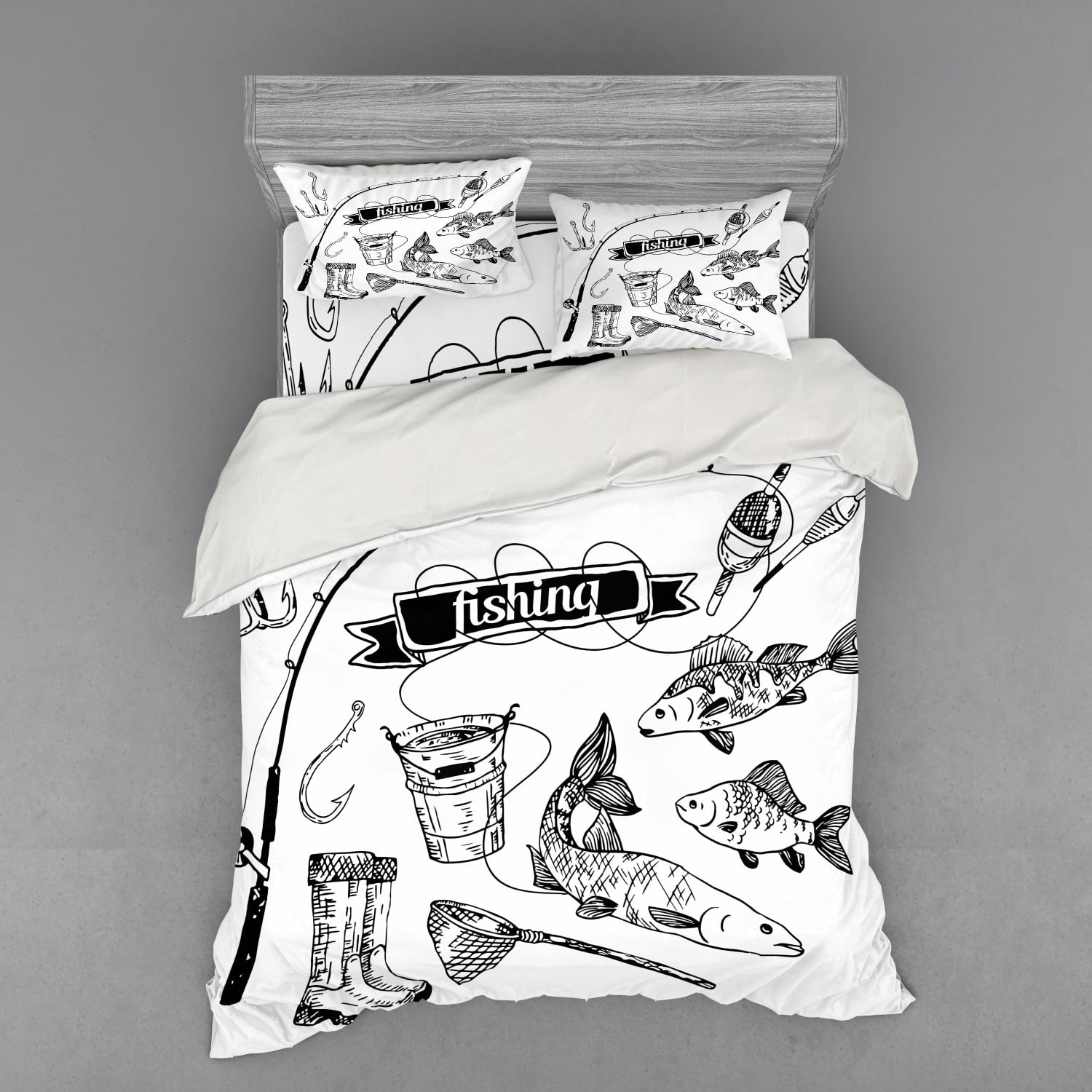 Fishing Duvet Cover Set, Hand Drawn Tools Set Rod Salmon and Perch