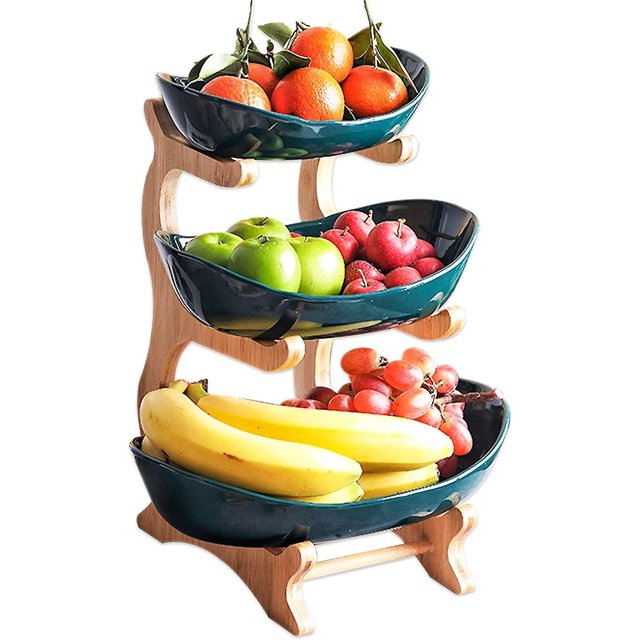 Juego de bandejas de tazones para servir en niveles ovalados de cerámica, frutero de cerámica blanco de 3 niveles con soporte de madera de bambú para sushi, postre, fruta, verduras, aperitivo, ca