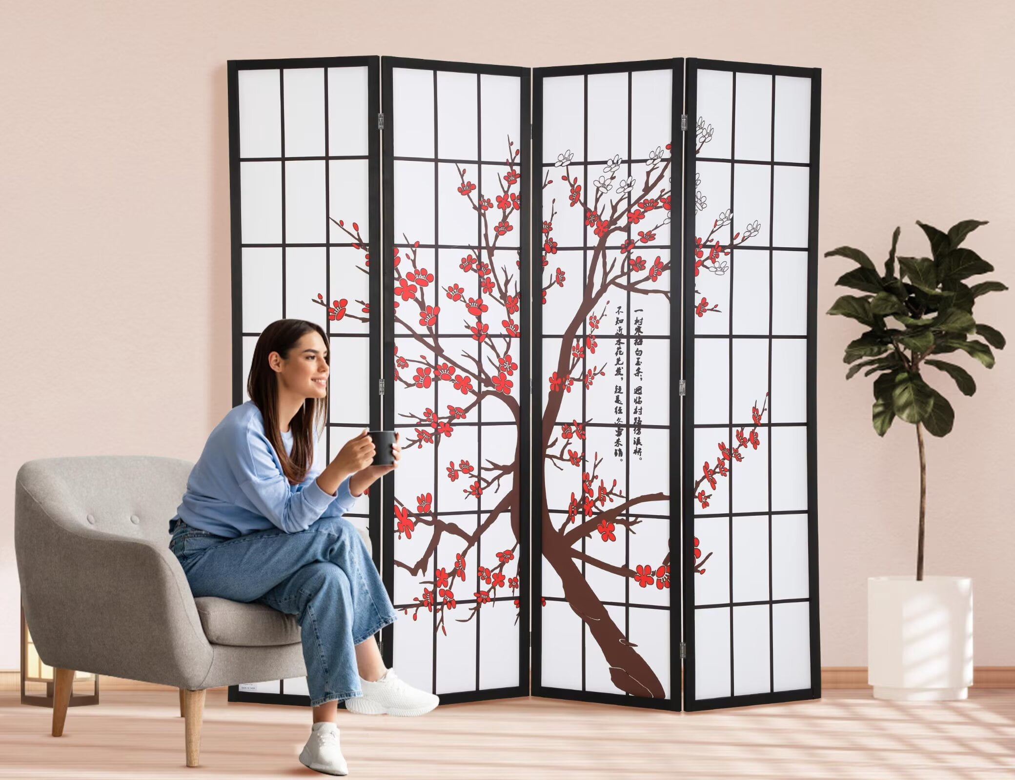 CL.HPAHKL 6Ft Tall 4 Panel Oriental Shoji Screen Room Divider, Portable Freestanding Partition Screen, Folding Privacy Divider With Oil Canvas for Room Separation, Dressing, Plum Blossom