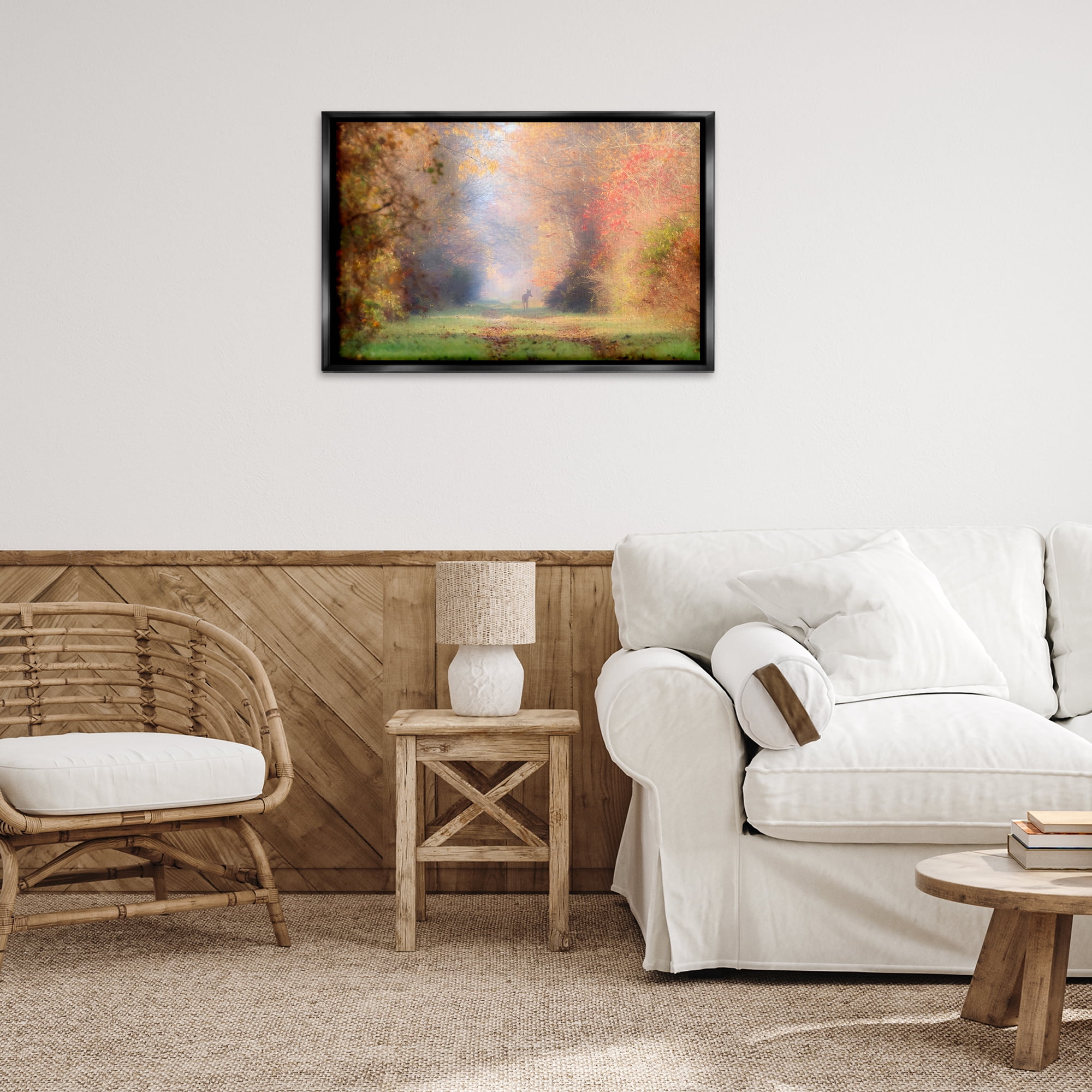 Stupell Industries Foggy Autumnal Forest Landscape & Nature Photography Black Floater Framed Canvas Art Print Wall Art, 31 x 21