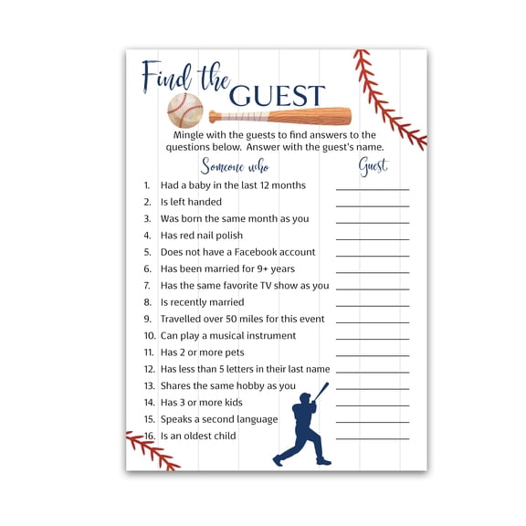 BASEBALL Baby Shower Games— FIND THE GUEST Game — Pack of 25 — Sports Navy Blue BOY Baby Shower Game, Icebreaker Party Game, Guess Who Came to the Party, Little Slugger Shower Activity G900-FTG