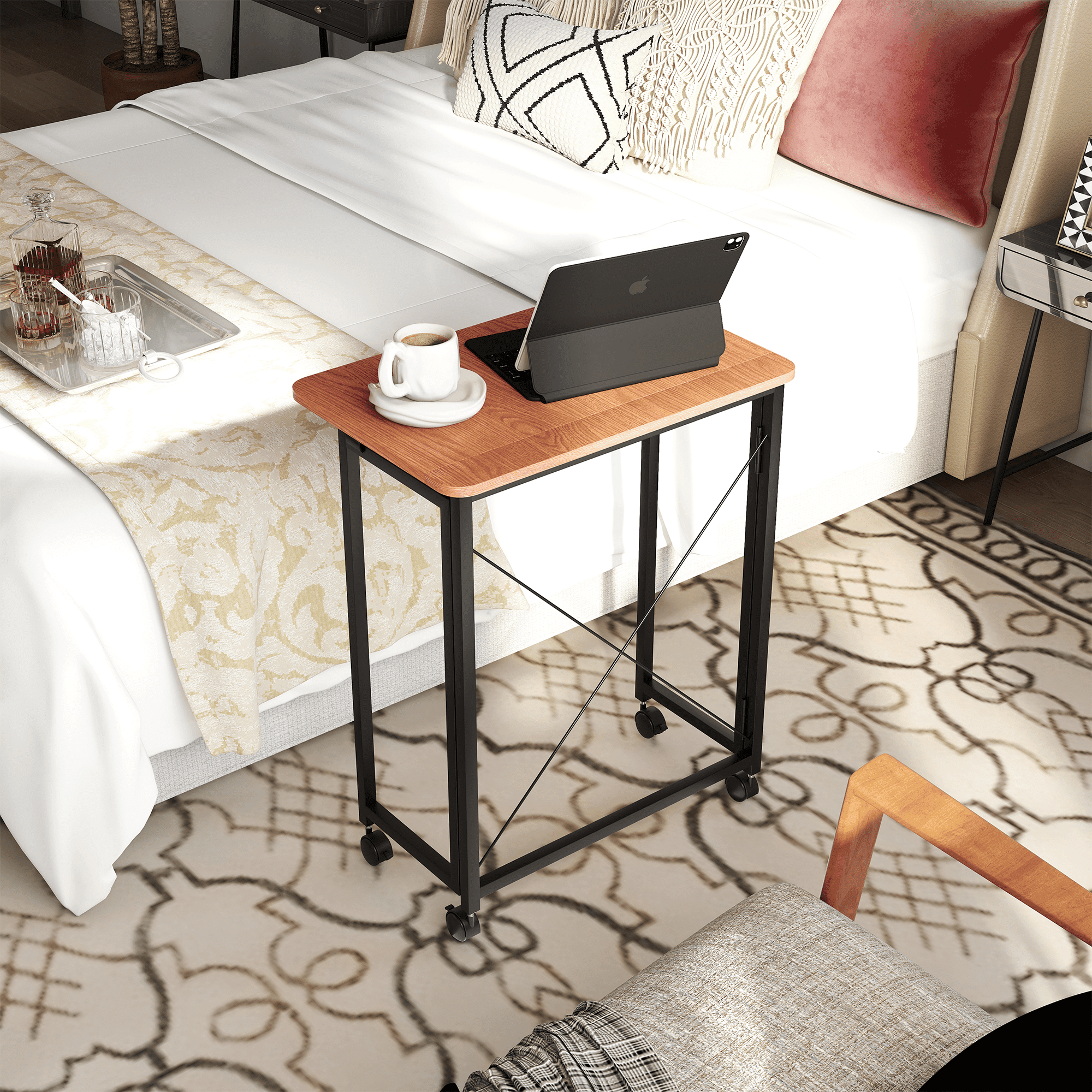 VGBYUJ Folding Desk with Wheels, 23.6" Small Mobile Writing Computer Table, No Assembly, Space Saving Study Desk for Dorm Office Bedroom, Teak Color