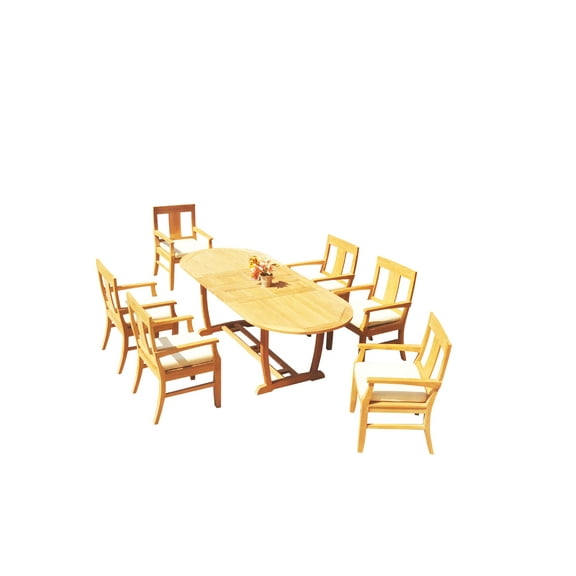Grade-A Teak Dining Set: 6 Seater 7 Pc: 94" Mas Oval Trestle Leg Table And 6 Osborne Arm Chairs Outdoor Patio WholesaleTeak #51OS1307