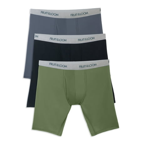 Fruit Of The Loom Men's Everlight Long Leg Assorted Boxer Briefs, 3 Pack, Olive/Black/Gray, Size Small