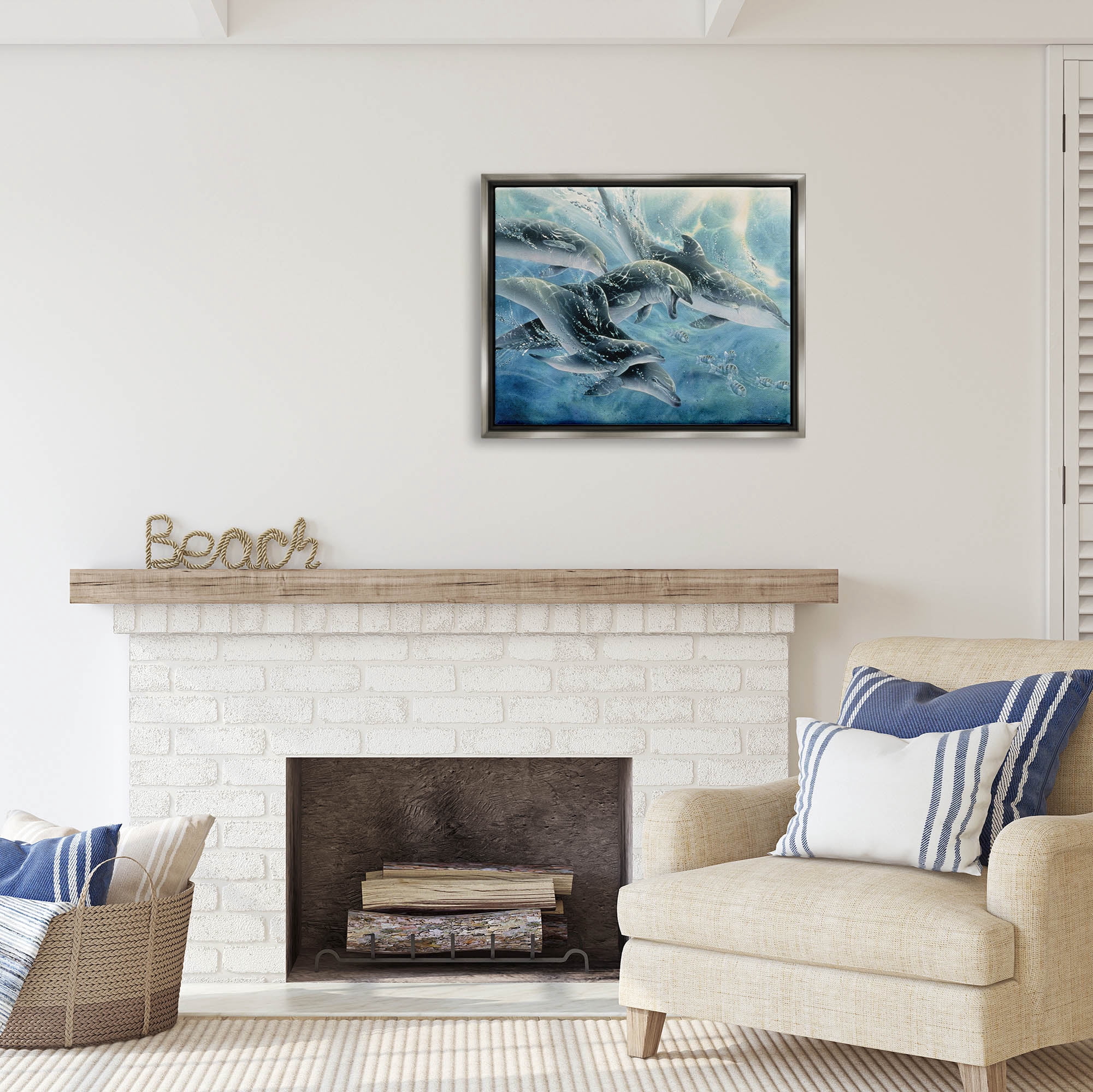 Stupell Industries Playful Passage Dolphins Swimming Coastal Painting Gray Floater Framed Art Print Wall Art