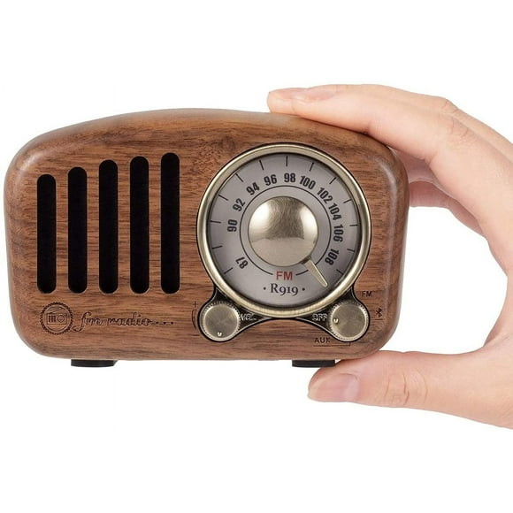 FM Classic Wooden Retro Radio Small, Portable Radio with Bluetooth Speaker, Nostalgia Radio with AUX/SD Function, 1800mAh Rechargeable Battery. (Walnut Wood)