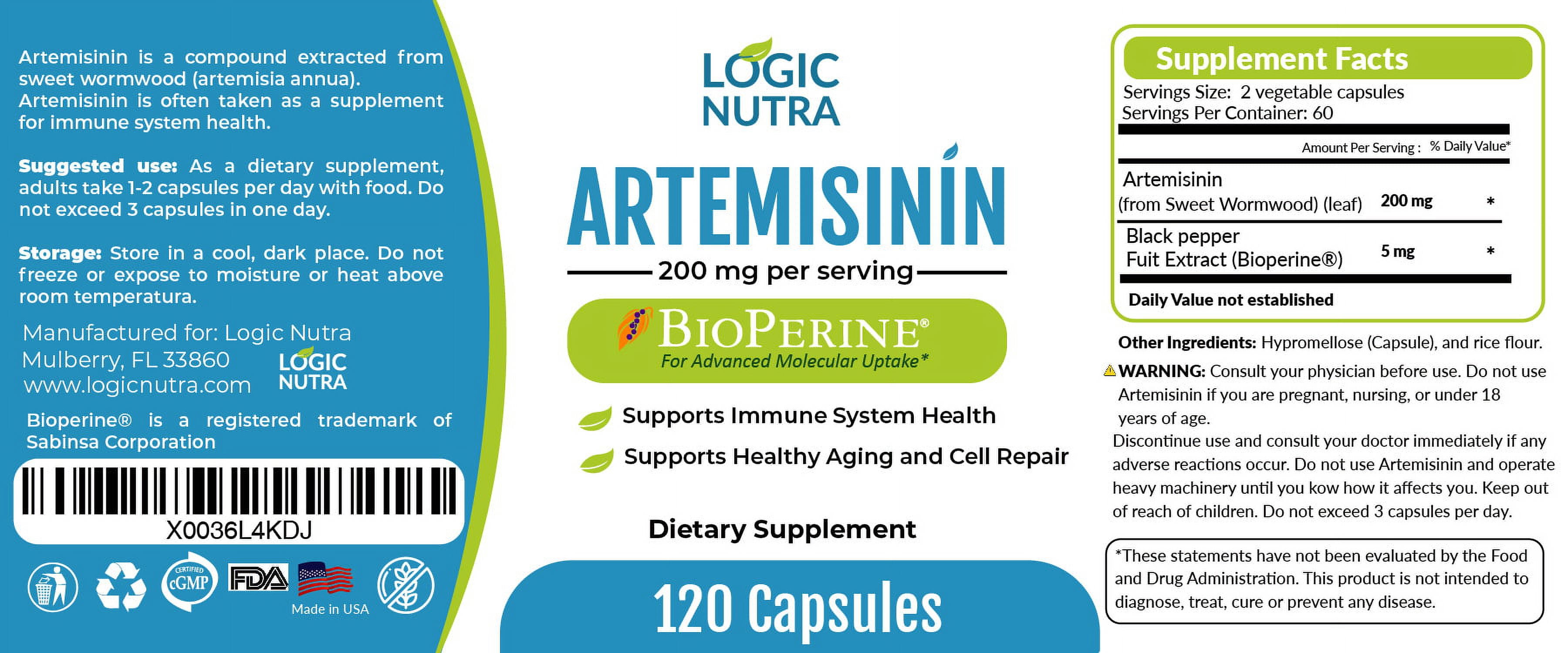 Logic Nutra Artemisinin with BioPerine for Enhanced Absorption, 200 mg per  Serving (2 Capsules), 120 Vegan Capsules Plus 5 mg BioPerine, Sweet  Wormwood Extract, Vegan and Non-GMO 