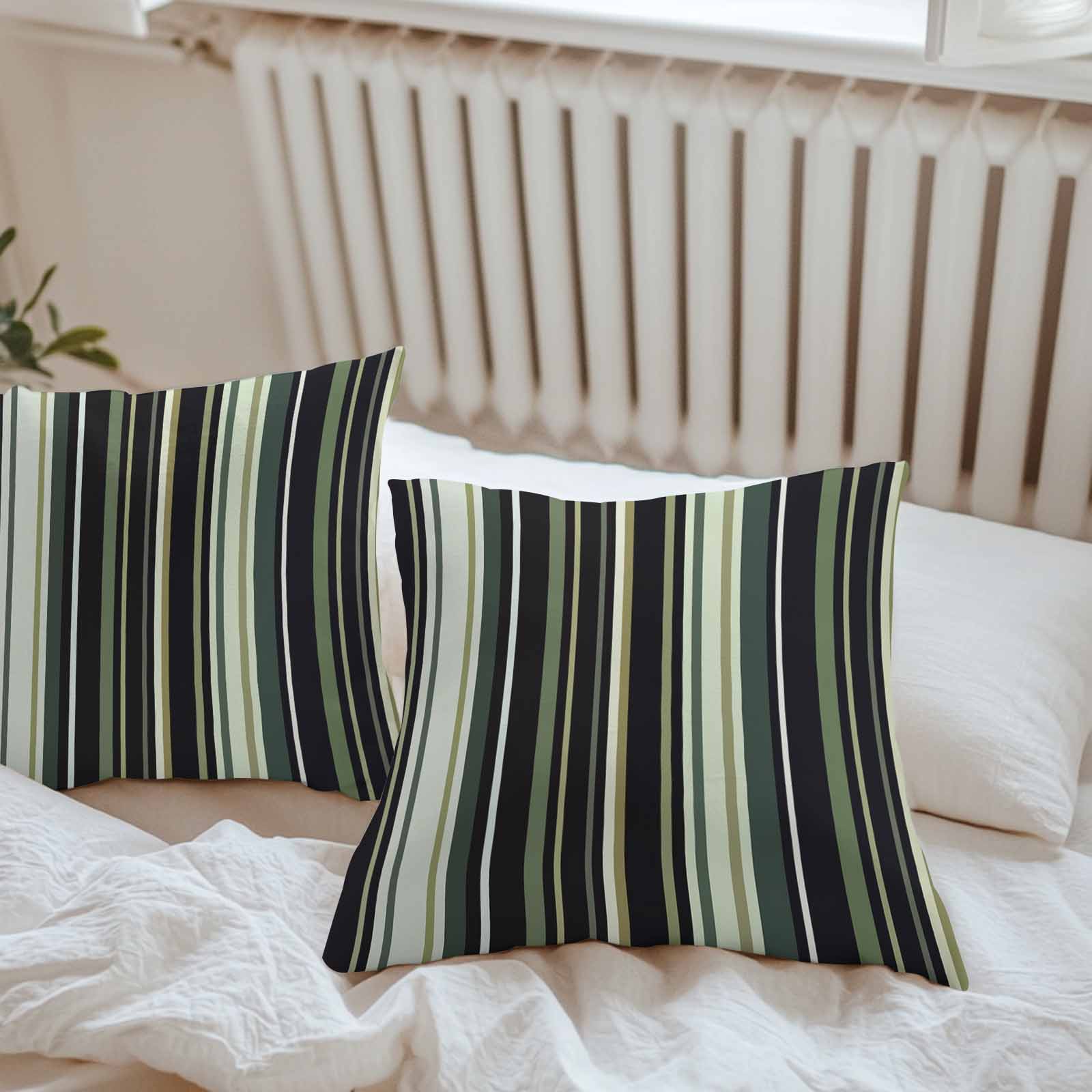 Black Green Outdoor Pillow Covers Set of 2 Stripe Waterproof Throw Pillow Case Decorative Square Cushion Cover for Patio Couch Garden Balcony, 18"x18"