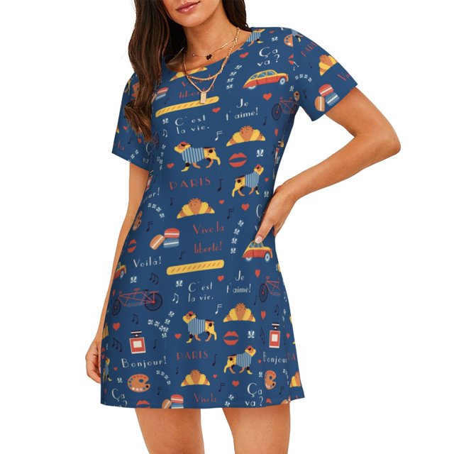 Easygdp French Bulldog Dog In Beret Camisón de manga corta para mujer, informal, estampado