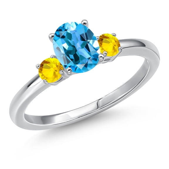 Gem Stone King 14K White Gold Swiss Blue Topaz and Yellow Sapphire Engagement Ring for Women | 1.27 Cttw | Oval 7X5MM | Gemstone November Birthstone | Size 5