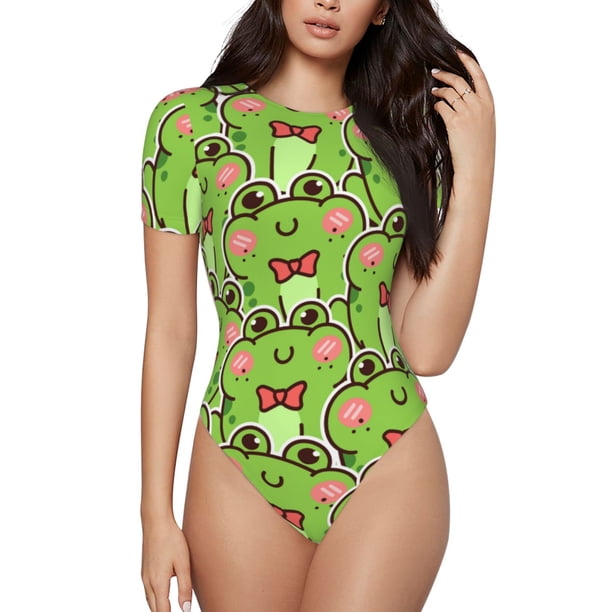 Balery Cute Green Frog Body de cuello redondo de manga corta para mujer Tops de manga corta Tops básicos-Large