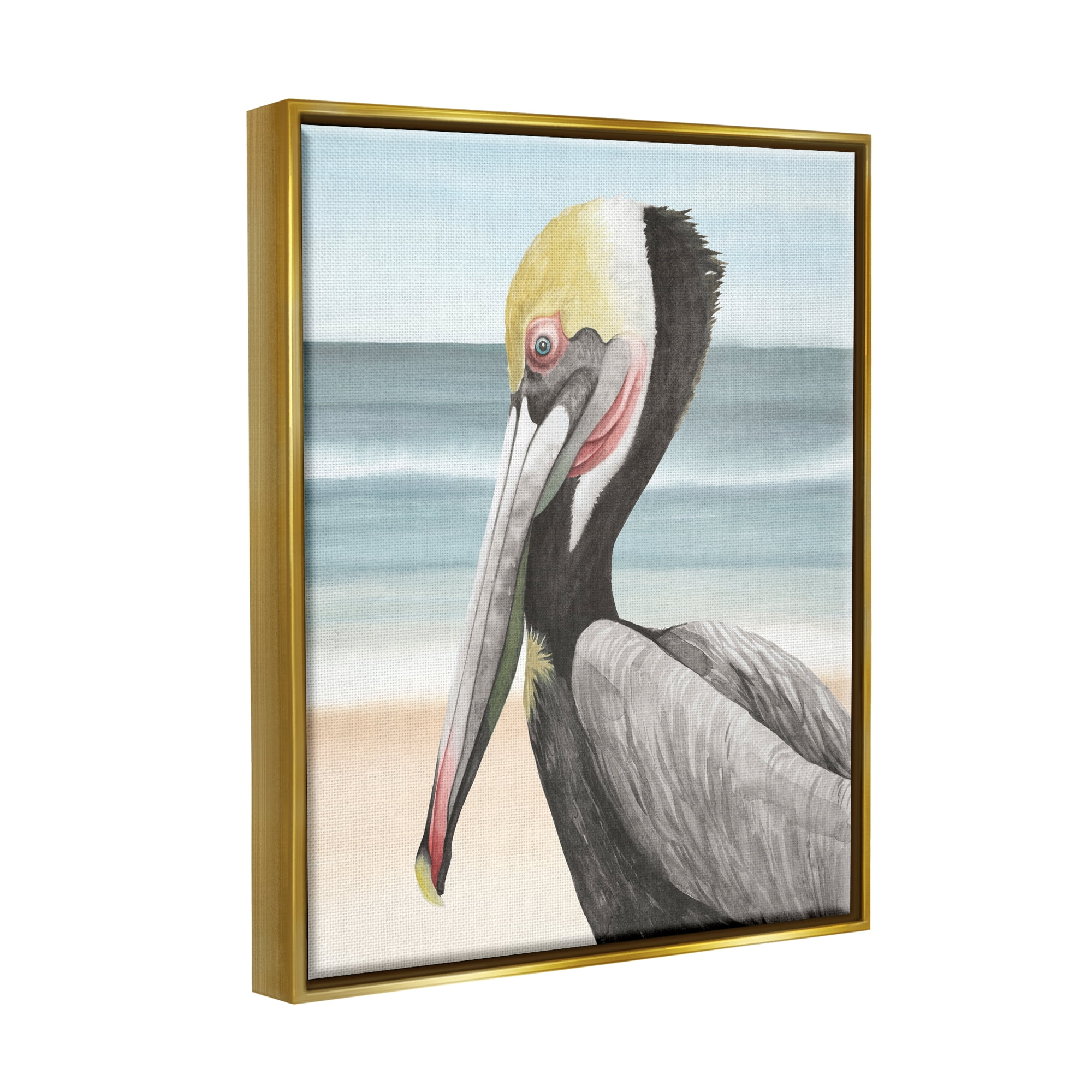 Stupell Industries Pelican & Coastal Shore Animals & Insects Painting Gold Floater Framed Canvas Art Print Wall Art, 17 x 21