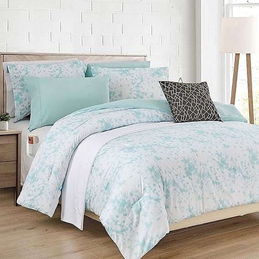 Elegant Comfort Reversible 10-Piece Comforter Set, Tie-Dye Print, Decorative Pillow and Fitted Sheet with Smart Pockets, Soft, Plush, Lightweight Material, 10pc Tie-Dye Set, Cali King, Aqua Mint