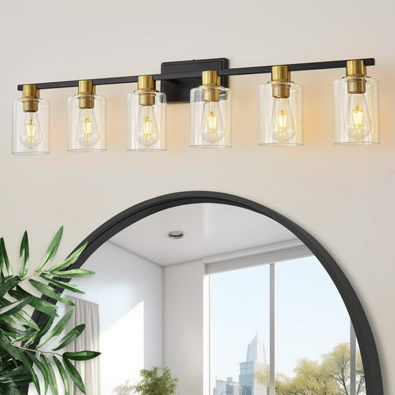 Deyidn 6-Light Modern Bathroom Vanity Light, 43 Inch Black and Gold Finish Dimmable Mirror Light Fixture with Cylindrical Glass Shades