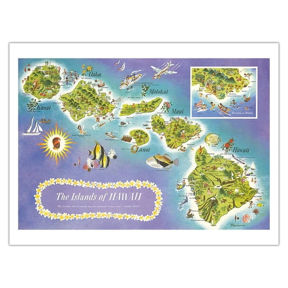 Map Islands of Hawaii - ‘The loveliest fleet of islands that lies anchored in any ocean’ -Mark Twain - Vintage Pictorial Map by Dessiaume c.1957 - 8 x 12 inch Vintage Wood Art Sign