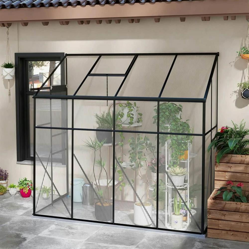 GVN Greenhouse for Outdoors, 8' x 4' Walk-in Polycarbonate Greenhouse, Lean-to Aluminum Green House with Rain Gutter and Foundation, Black