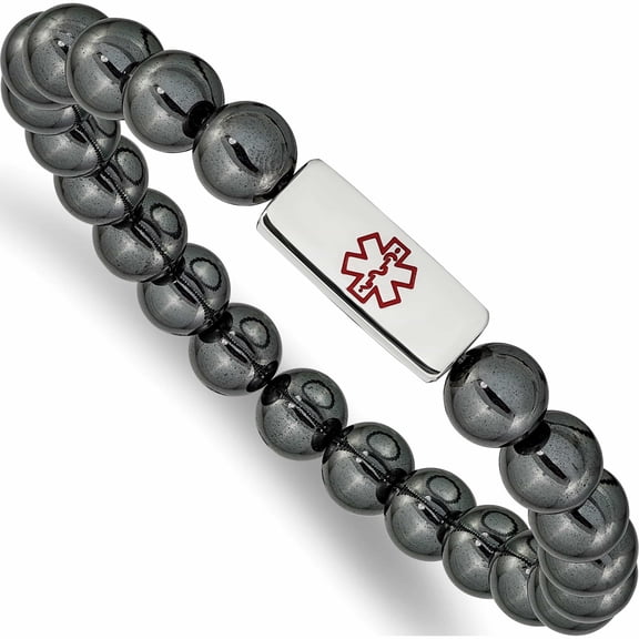 Stainless Steel Polished Medical Id Plate Hematite Bead Stretch Bracelet Made In China -Jewelry By Sweet Pea