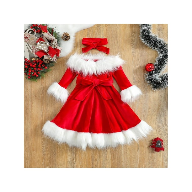 Nouveau enfant en bas âge bébé filles velours robe de noël enfants à  manches longues à volants père noël robe noël princesse robe bandeau 