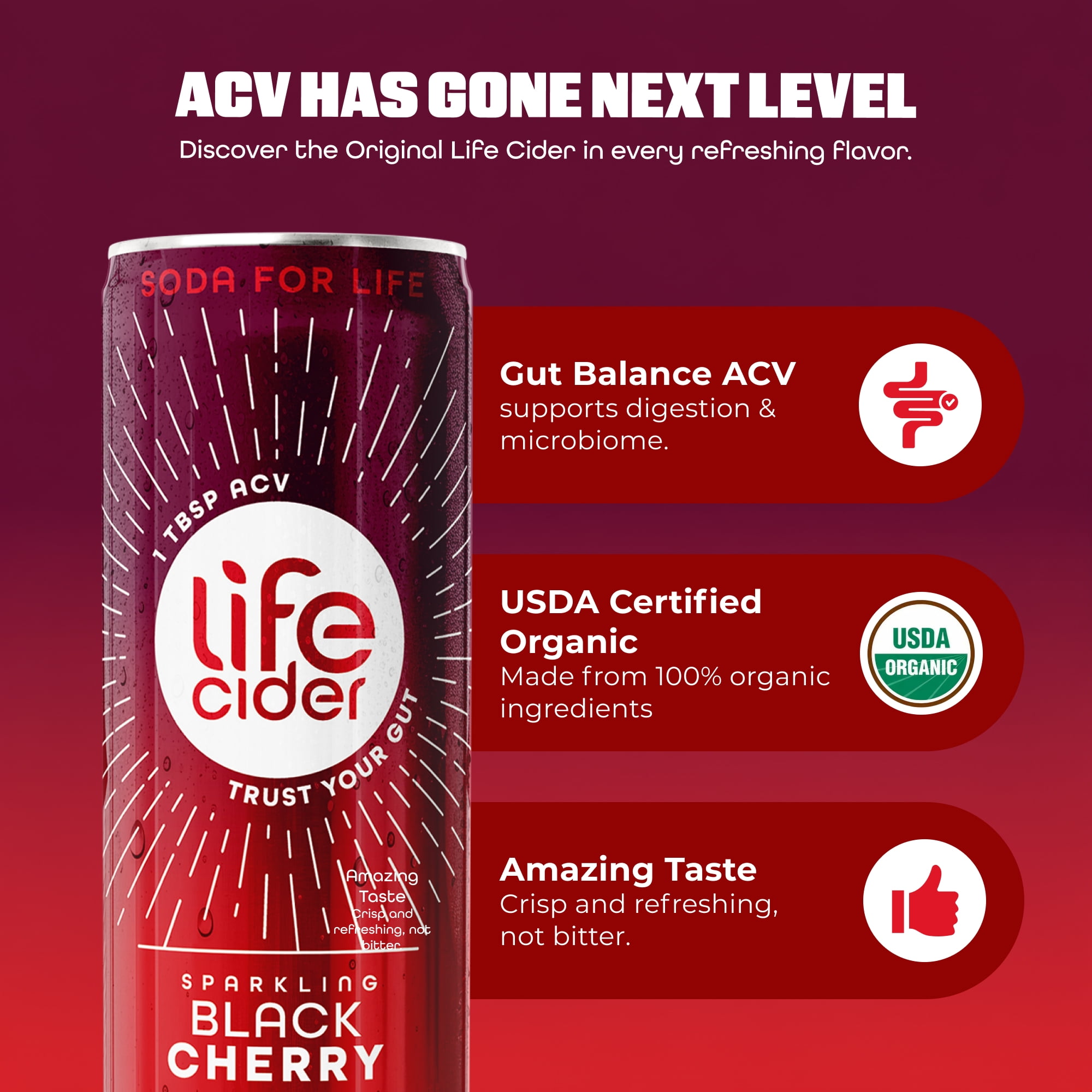 Life Cider Sparkling Apple Cider Vinegar Drink, Black Cherry, Gut