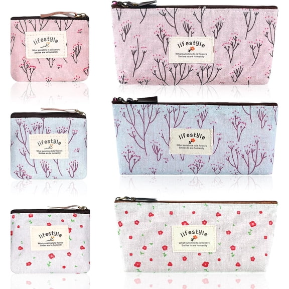 Makeup Bag for Purse, 6 Pack 2 Sizes Canvas Floral Small Zipper Pouch Portable Cute Linen Fabric Mini Cosmetic Bag for Home Travel Lipstick Coin Cards Storage