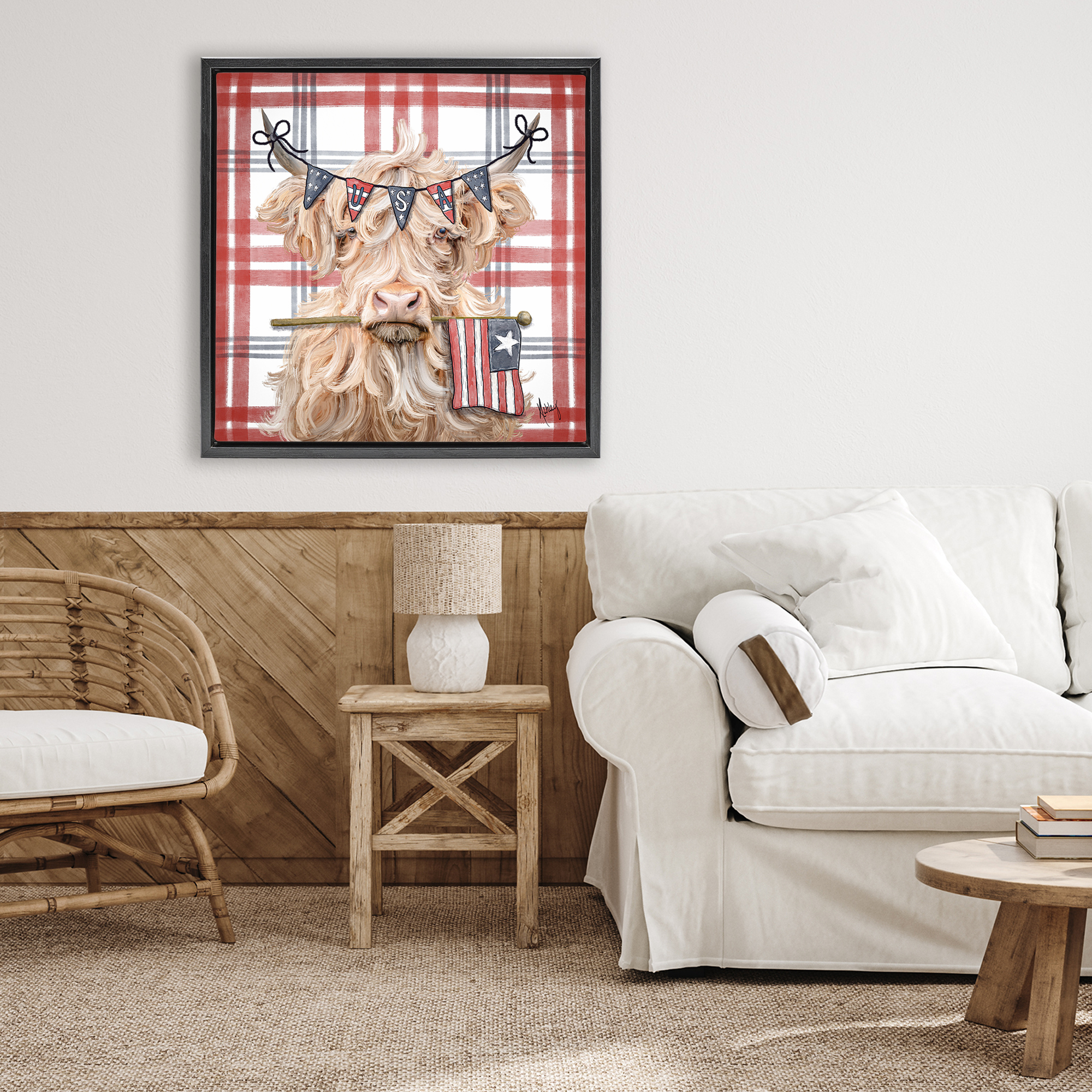 USA Plaid Highland Cattle Black Framed Floater Canvas Wall Art, design by Ashley Bradley