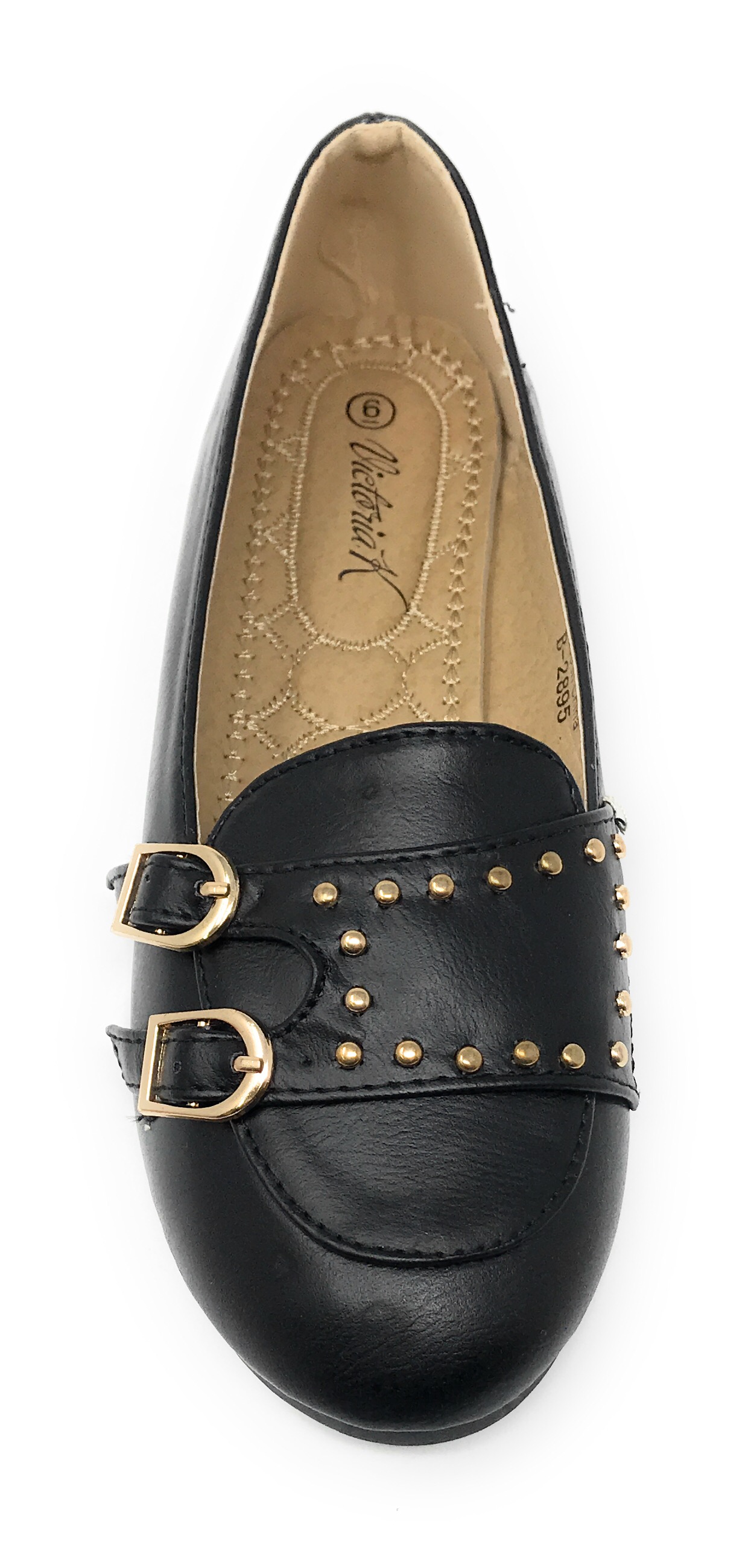 Victoria K Women's Double Buckles Gold Studs Ballerina Flats