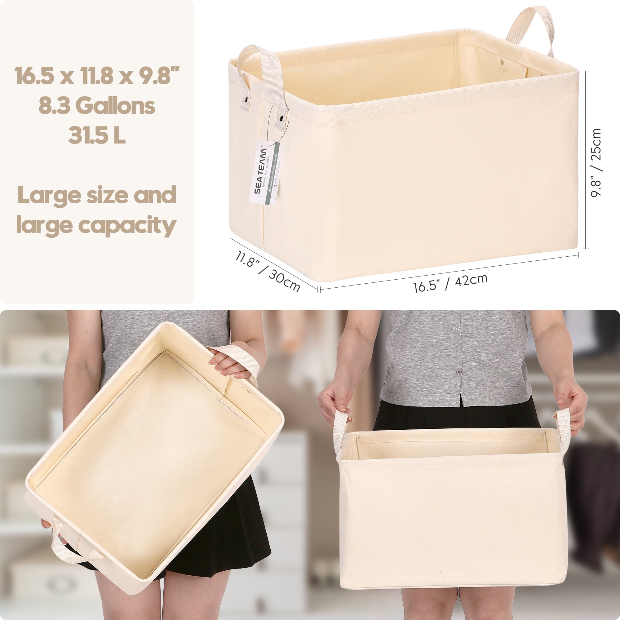 Sea Team 2-Pack Large Canvas Storage Bins for Shelves with Metal Frame, Rectangle Storage Baskets, Closet Organizers, Foldable Laundry Hampers, Containers for Clothing, Blankets, Toys, Cream
