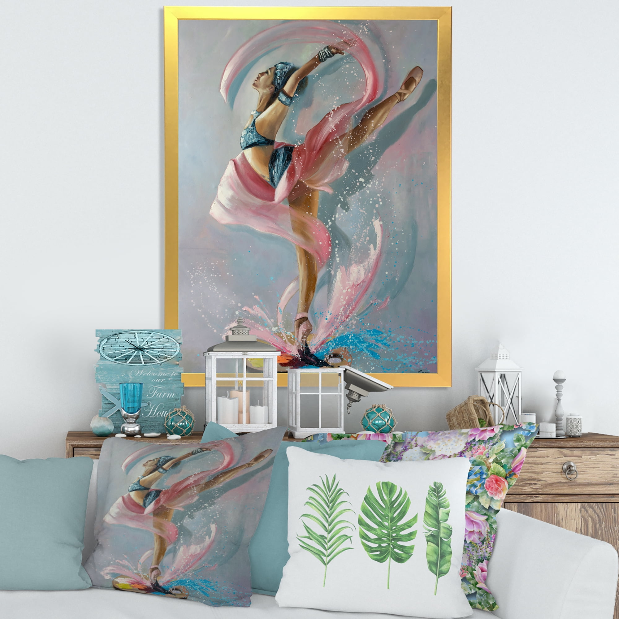 Designart 'Graciously Dancing Girl In Pink Drapes' Traditional Framed Art Print