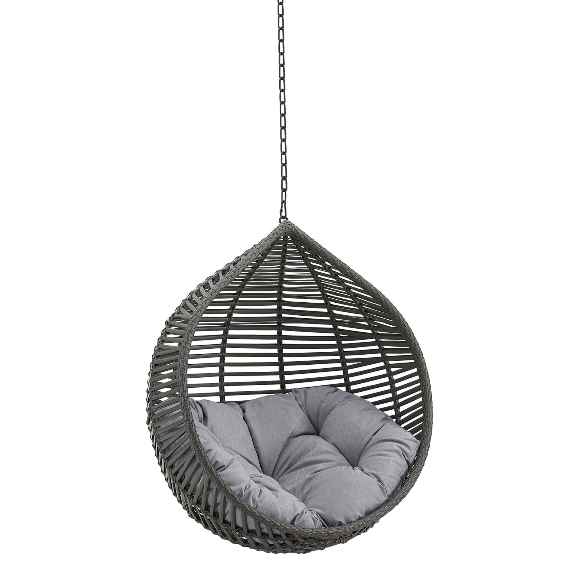 Teardrop Gray Wicker Rattan Hanging Chair with Tufted Cushion