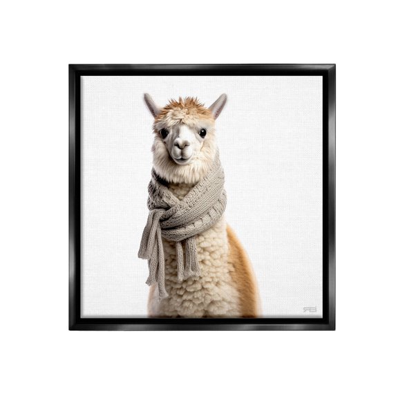 Stupell Industries Llama Wearing Scarf Animals & Insects Painting Black Floater Framed Canvas Art Print Wall Art, 18 x 18