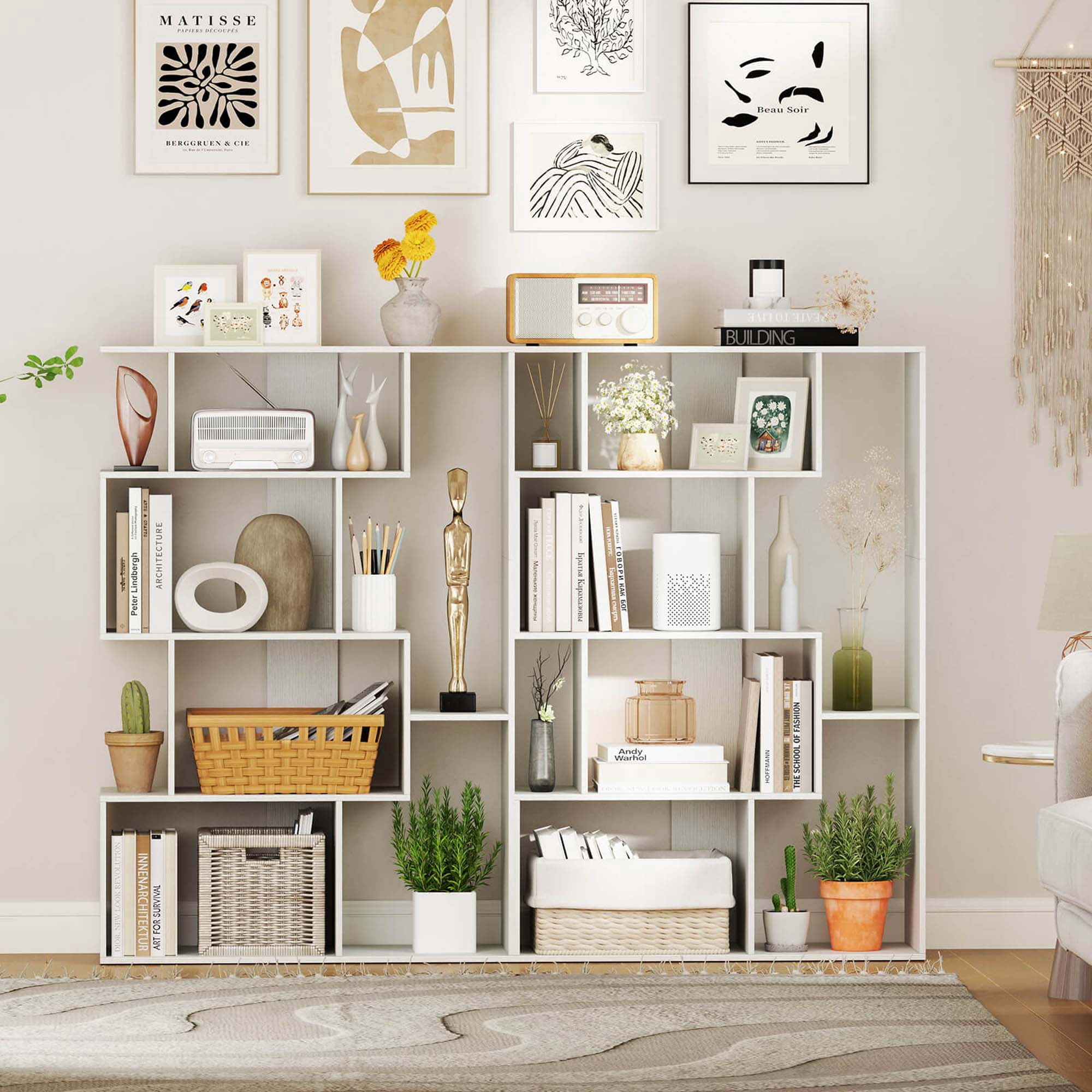 Costway 47" Open-back Geometric Bookshelf Home 6-Cube Large Bookcase with Anti-tip Kits White