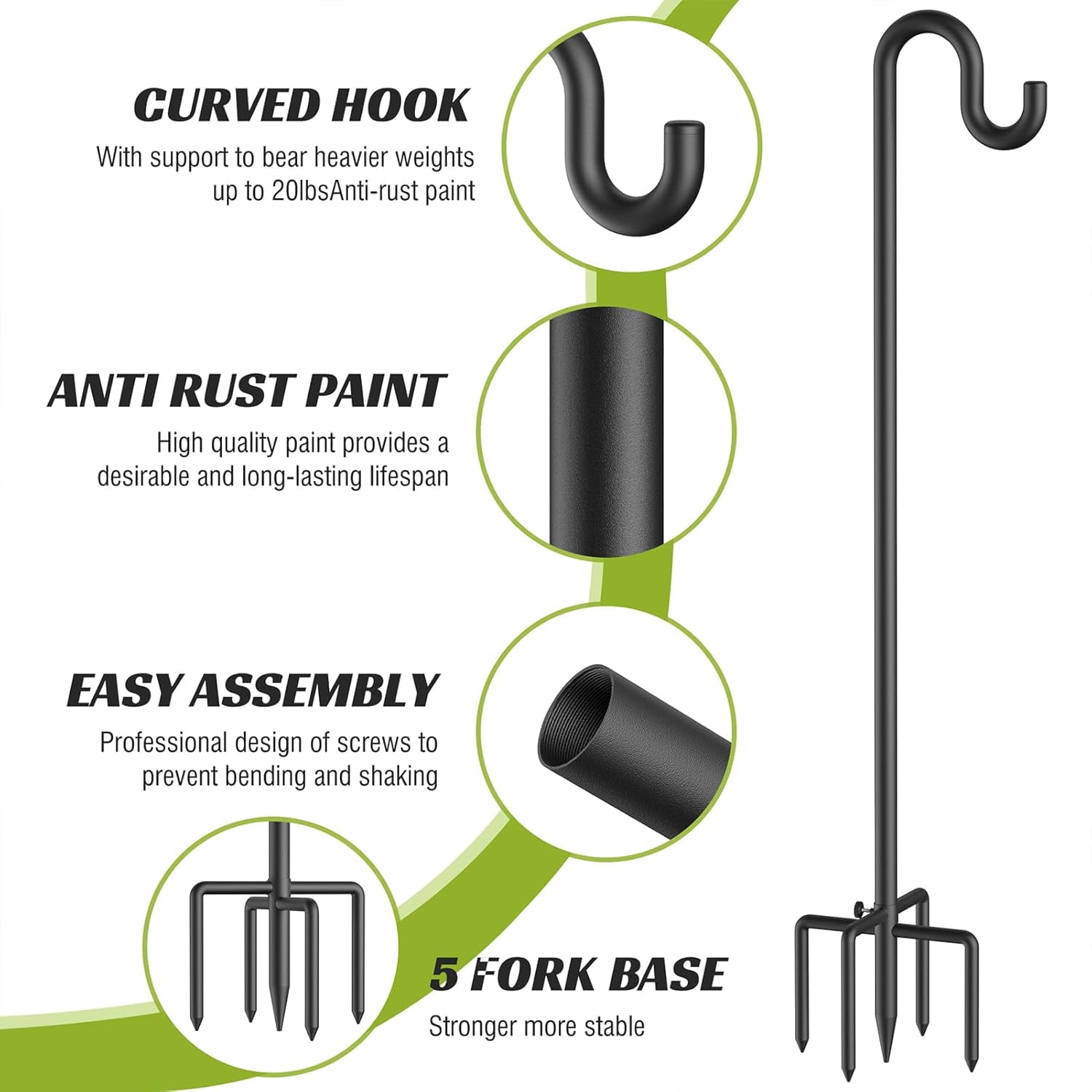 Bird Feeder Pole 76 Inches Shepherd Hooks for Outdoor, Heavy Duty Bird Feeder Pole for Garden Decor, Black Shepherd Stand for Plant Baskets Wind Chime with 5 Base Prongs