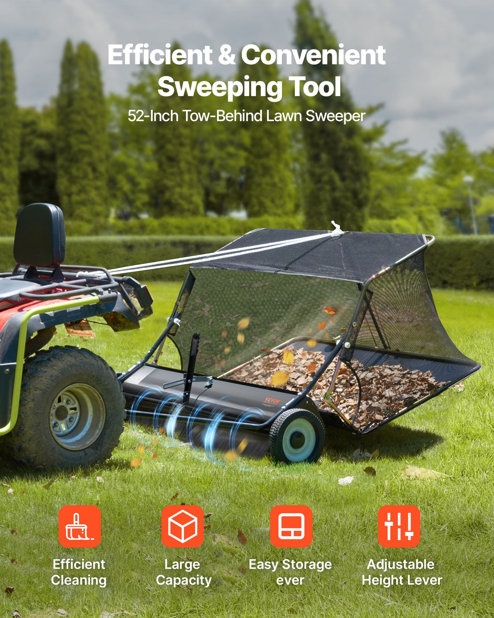 VEVOR 52 in Tow Behind Lawn Sweeper, 26 Cu.ft. Large Yard Sweeper, Adjustable Sweeping Height, Heavy Duty Leaf & Grass Collector with Dumping Rope, Pull Behind Sweepers for Debris Grass Clippings