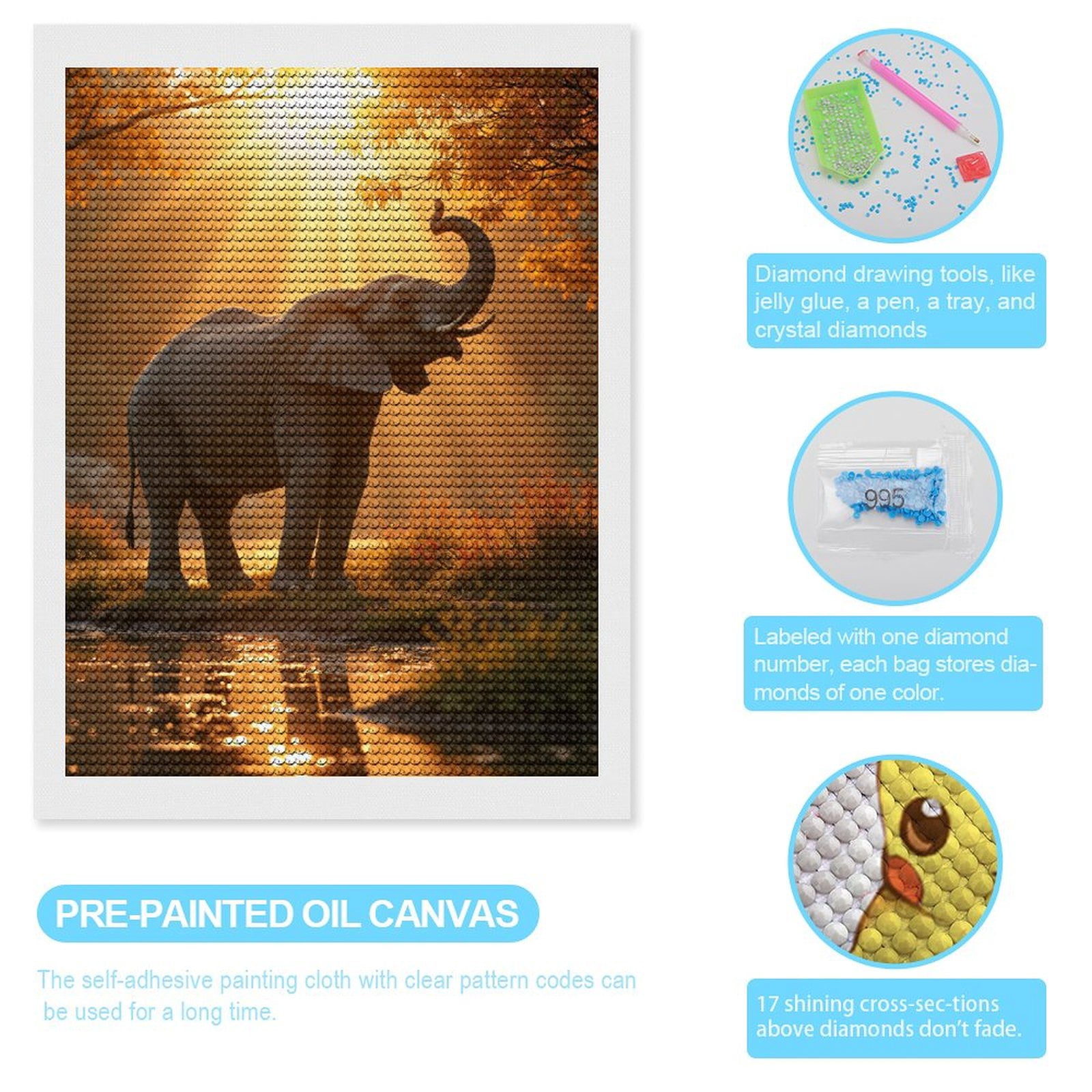 Diamond Art Kits for Adults, Elephant Sunset Reflection Stream 5D Diamond Painting Kits for Adults Beginners, DIY Full Drill Diamond Painting, Gem Art and Crafts 12x16
