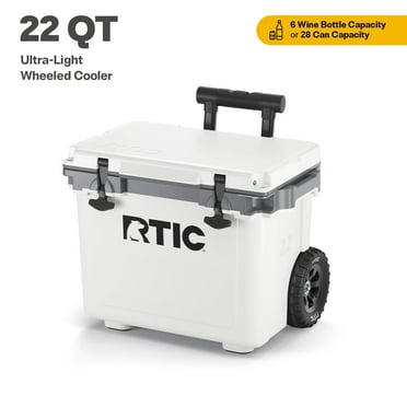 RTIC 22 QT Ultra-Light Wheeled Hard-Sided Ice Chest Cooler, Fits 28 Cans or 6 Wine Bottles, White & Grey